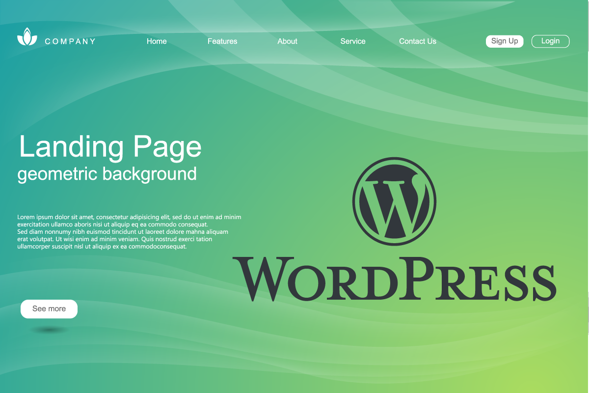 Page d’accueil colorée avec un arrière-plan vert et le logo WordPress en grand au centre, illustrant une landing page moderne