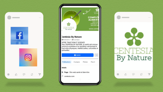 Visuels réseaux sociaux pour Centesia By Nature, présentés sur smartphone