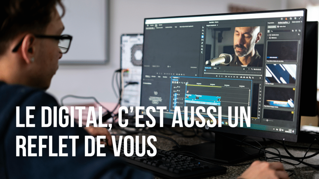 Personne travaillant sur un montage vidéo à l’écran, illustrant la création de contenus numériques