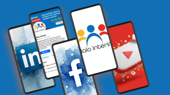 Visuels réseaux sociaux HALO Intérim présentés sur écrans de smartphones
